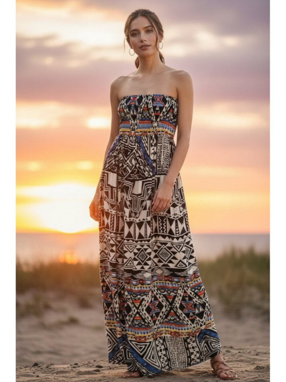 ANGIE TRIBAL PRINT STRAPLESS SMOCKED MAXI DRESS